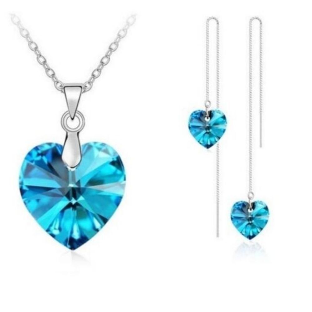 Blue Heart Crystal Necklace and Earrings Set
